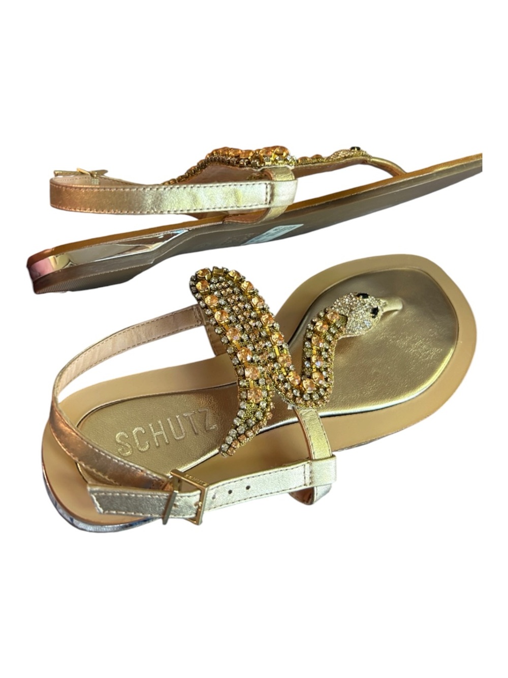 Schutz Shanti Gold Metallic Snake Rhinestone
Embellished Flat Sandals 7.5 - Picture 3 of 8